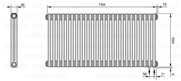 Схема (чертеж) Радиатор Zehnder Charleston 2100/24 №5510 Белый глянцевый RAL 9016